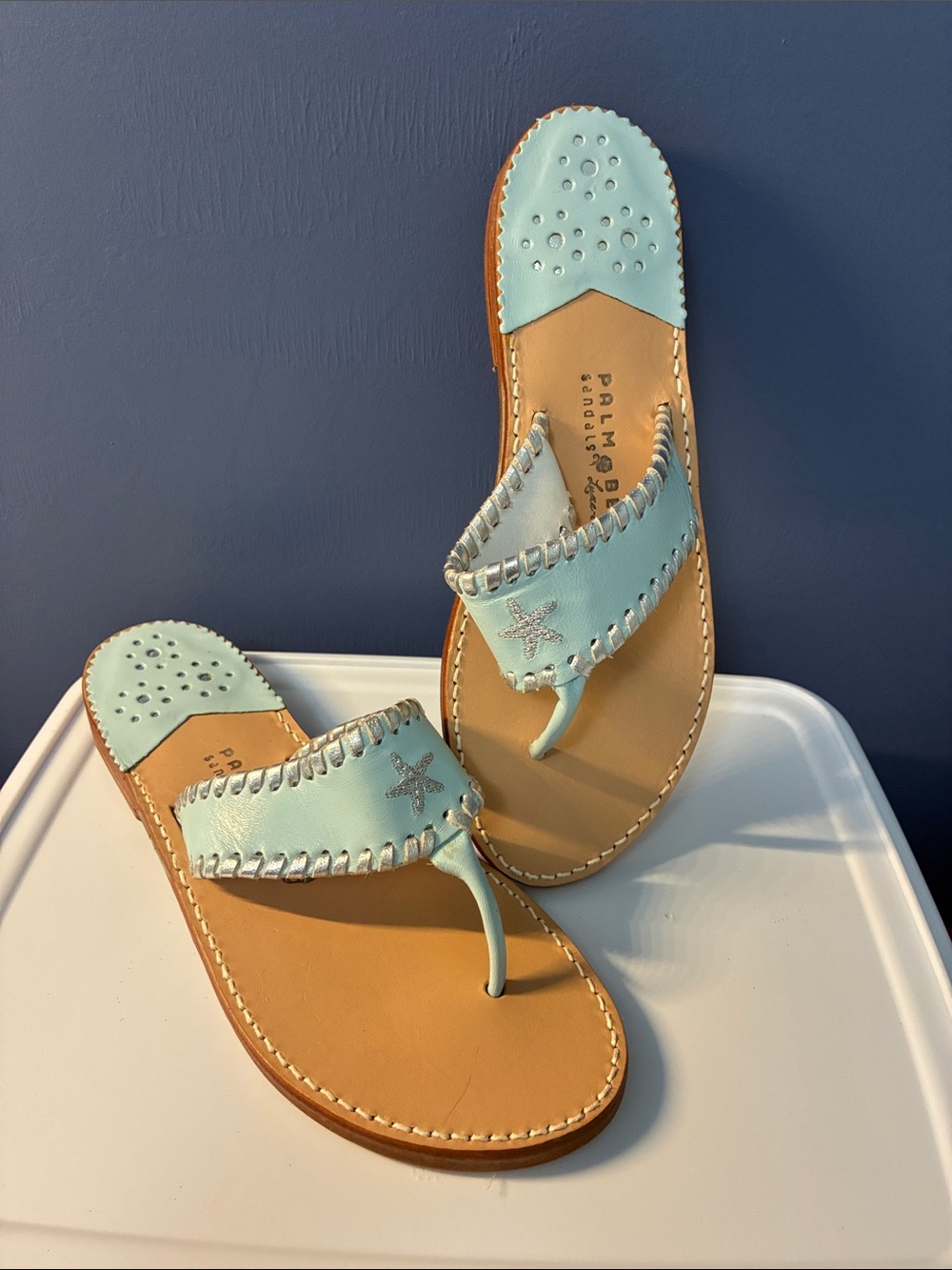 Palm Beach Aubrey Sandals Mint Blue Leather Thong Sandals with Starfish Accent